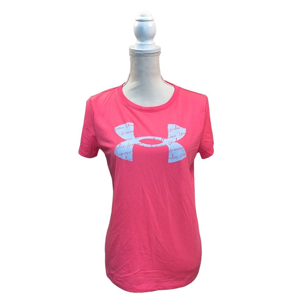 GUC UA Under Armour Heat Gear Neon Hot Pink Womens Tee Crew Neck Medium M White